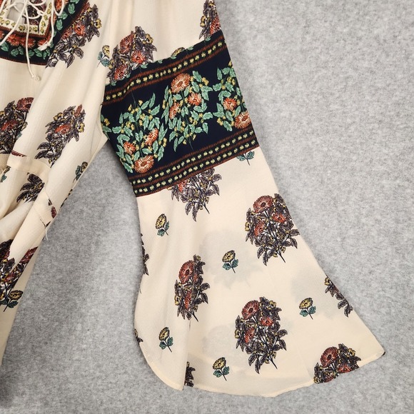 Entro Tunic Womens Medium Cream Multi Bell Sleeve Lace Up Pockets Boho Floral - Picture 4 of 11